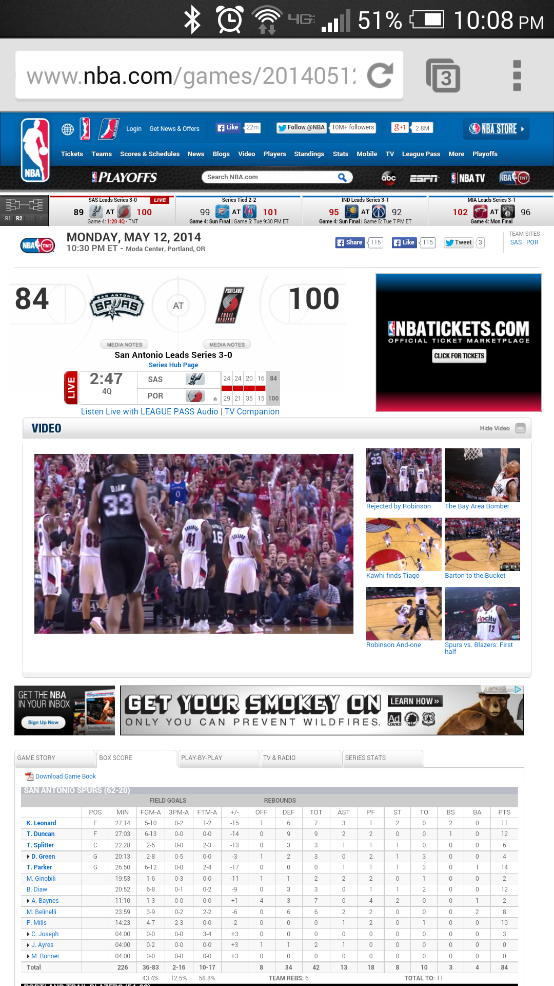Screenshot of the "mobile optimized" NBA in-game display.