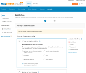 RingCentral App Creation Interface