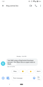 Screenshot of RingCentral text message